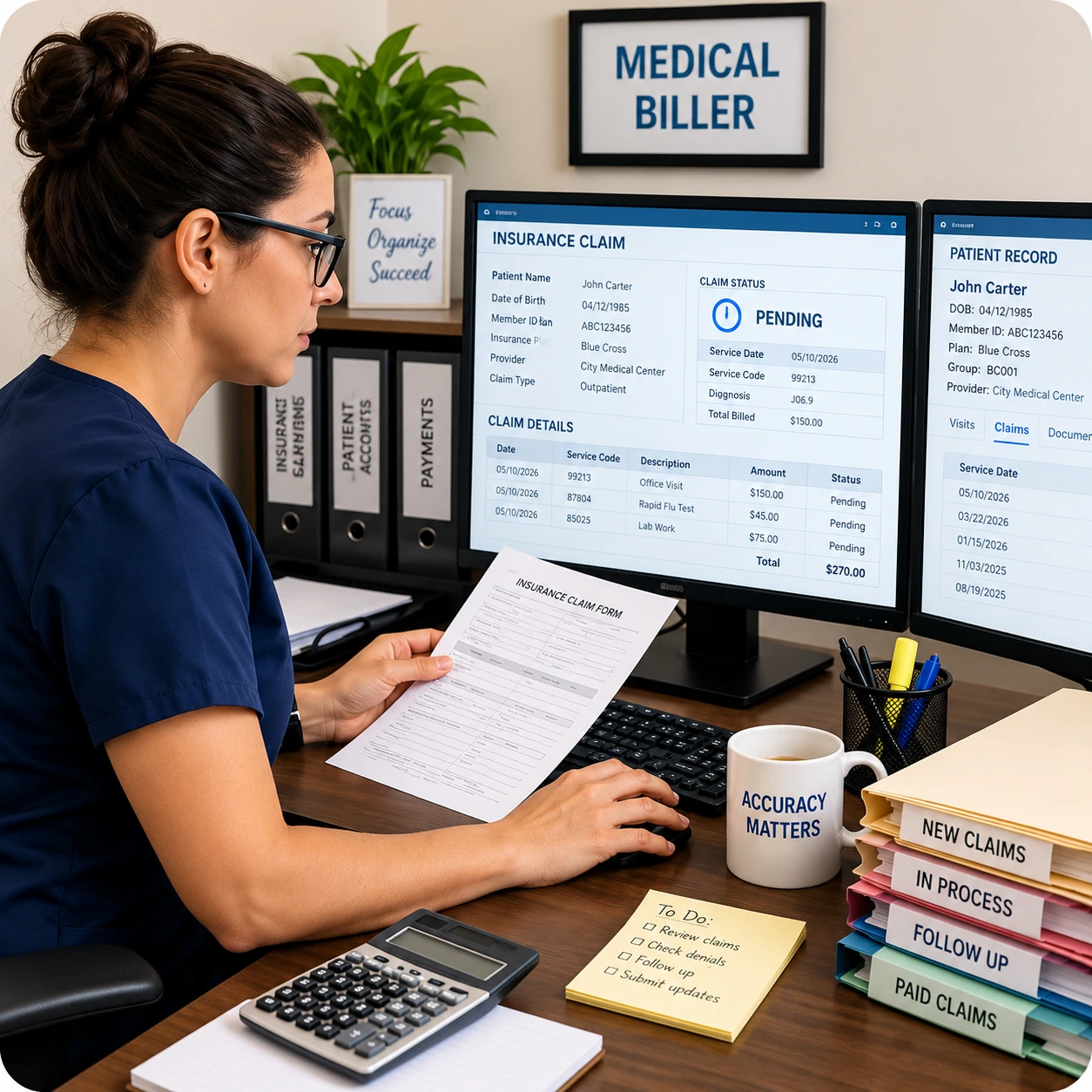 Focused Medical Billing Workspace | EmployTest Split screen showing medical billing claim form next to electronic health record system on computer