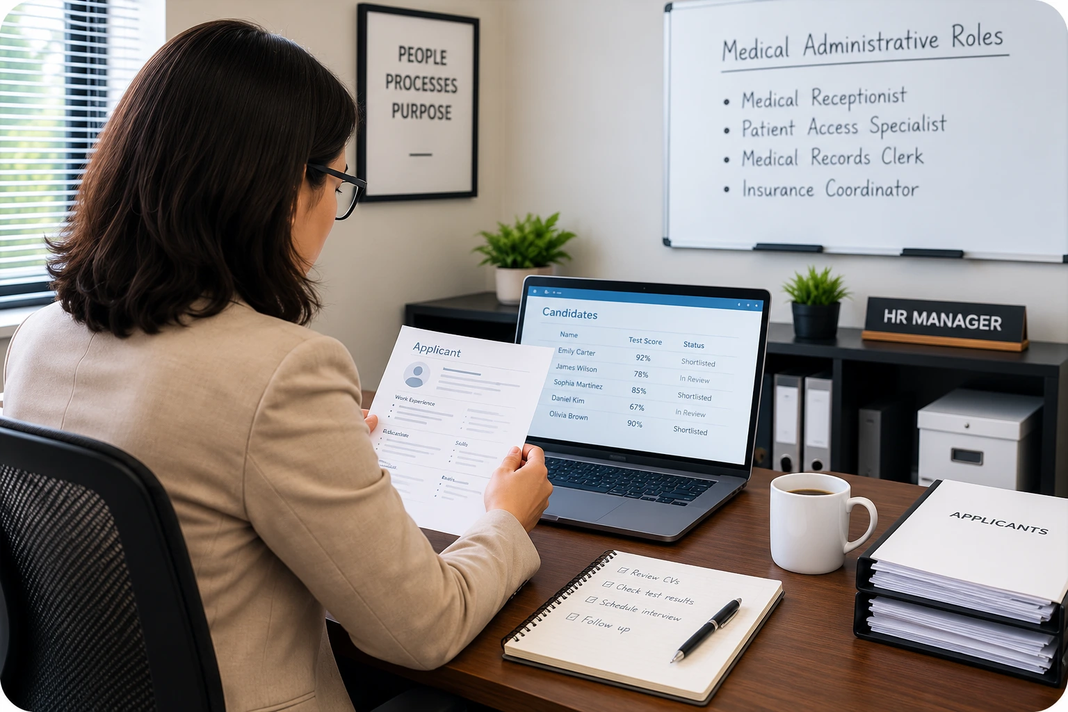 HR Manager Reviewing Applicant Cvs | EmployTest HR manager reviewing candidate applications for medical office staff at desk.