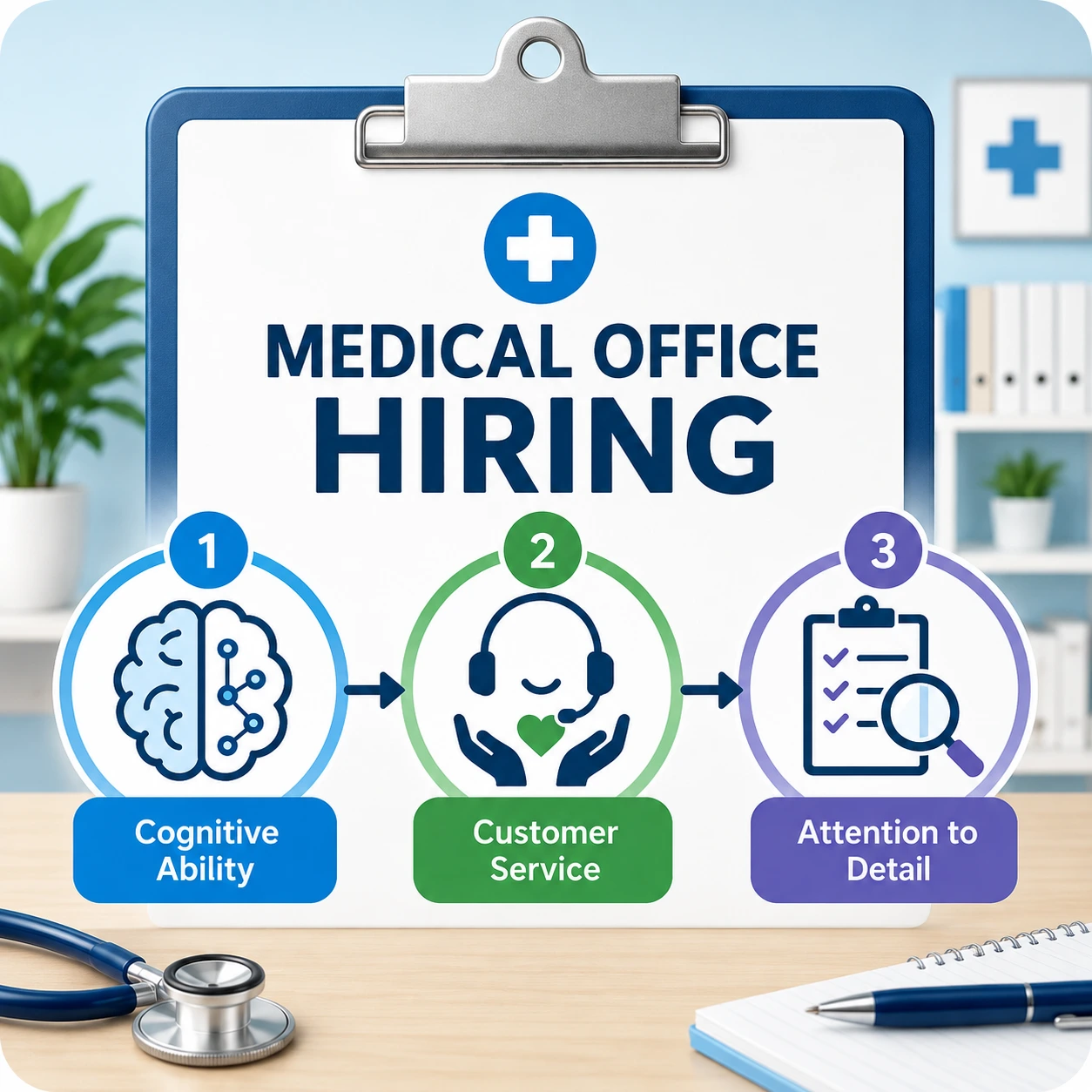 Medical Office Hiring Infographic | EmployTest Diagram showing a structured pre-employment assessment process for hiring medical office staff