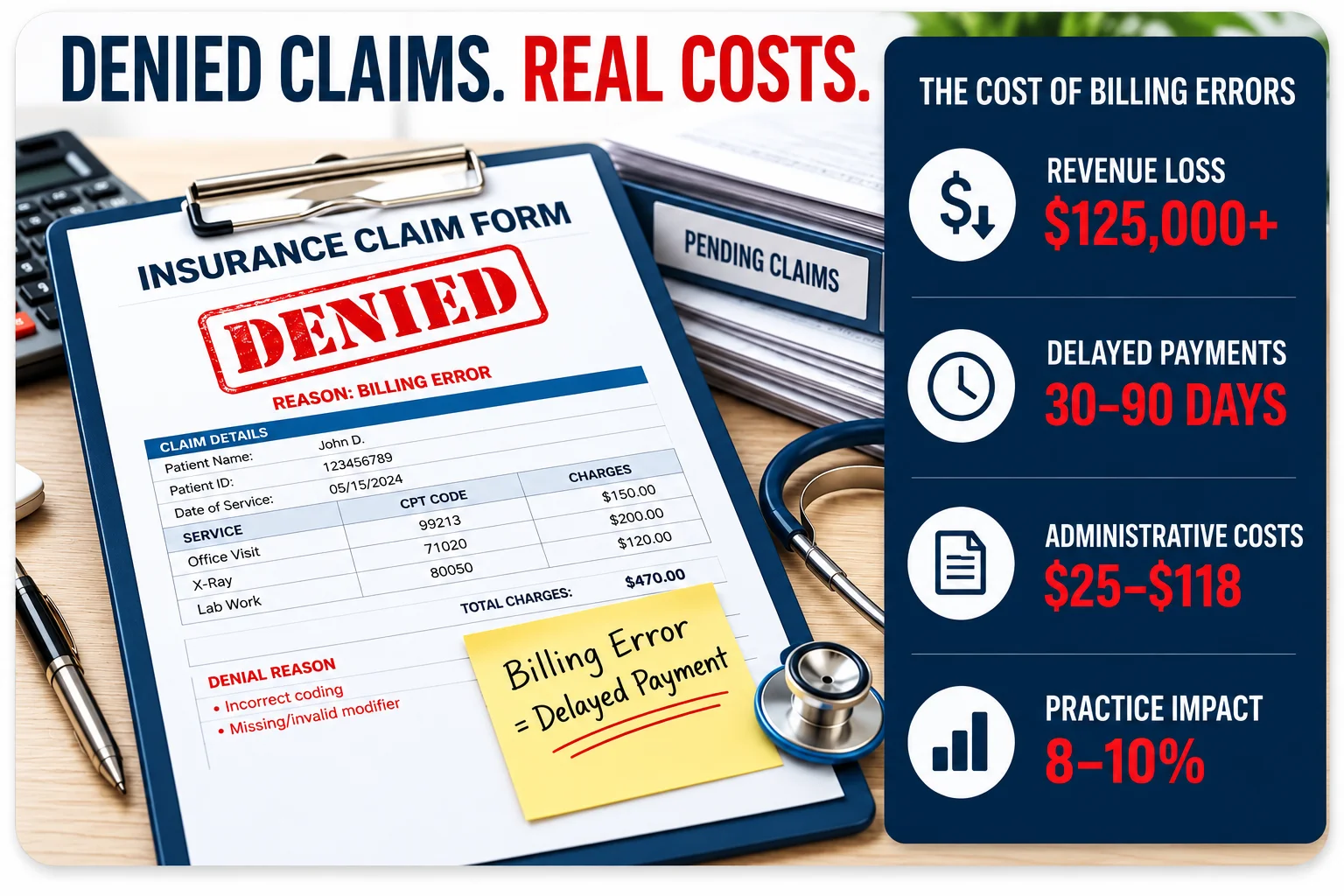 The Real Cost Of Denied Claims | EmployTest Medical billing form showing a denied insurance claim, illustrating the financial cost of hiring errors in medical offices