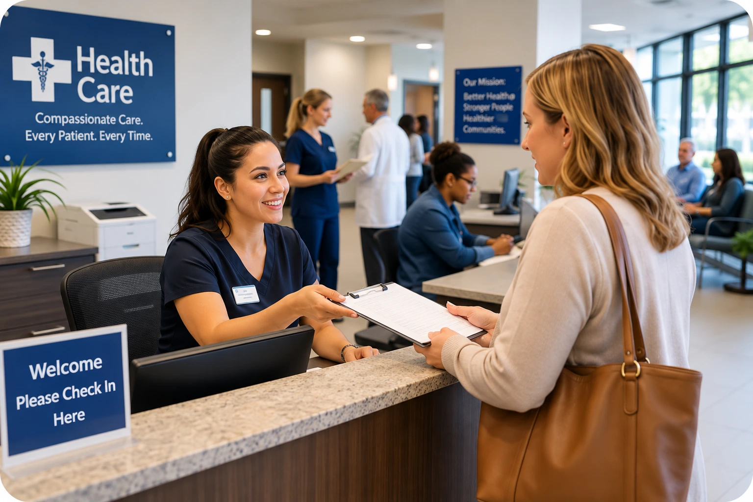 Welcoming Healthcare Reception Check In | EmployTest Diverse group of medical office administrative staff working at front desk in a healthcare clinic
