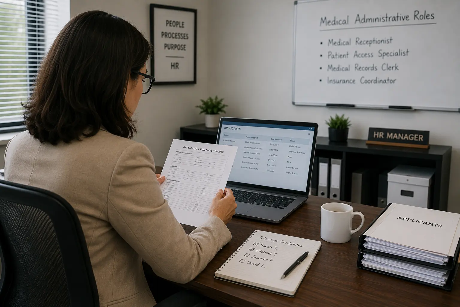 HR manager reviewing candidate applications for medical office staff at desk.