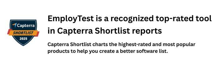 EmployTest Capterra award badge and customer review. EmployTest Capterra award badge and customer review.