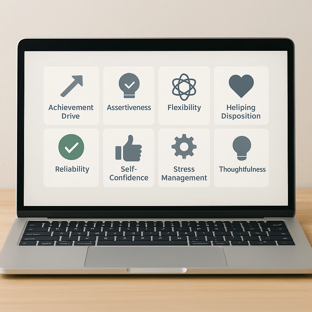 Dashboard Information Of The 10 Traits Measured By Personality Test A clean dashboard graphic displaying ten personality traits in a simple grid layout, each represented with an icon such as a checkmark, handshake, and lightbulb. Neutral colors and modern design.