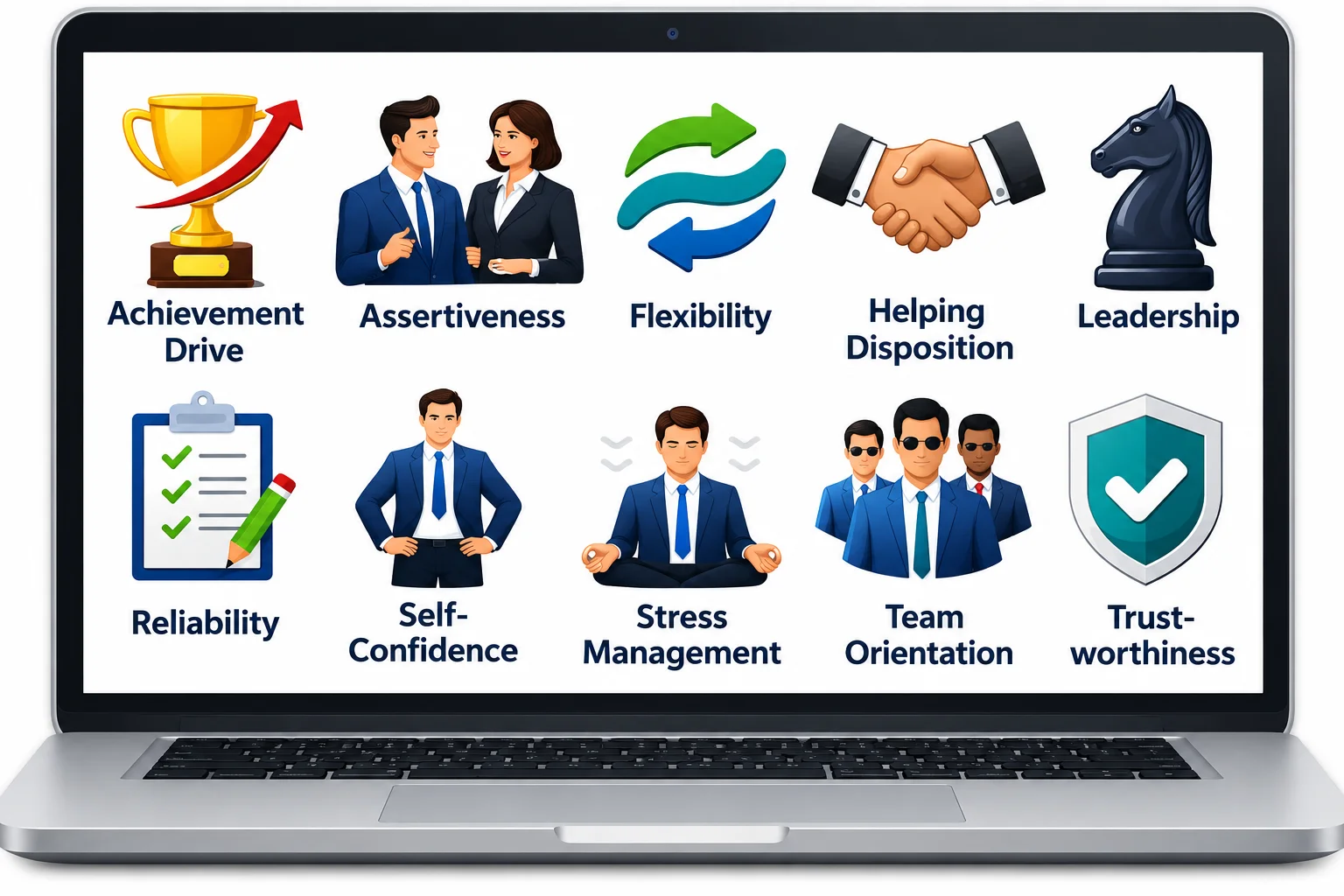 Professional Skills Infographic Laptop | EmployTest Laptop screen displaying ten professional icons representing workplace personality traits—Achievement Drive, Assertiveness, Flexibility, Helping Disposition, Leadership, Reliability, Self-Confidence, Stress Management, Team Orientation, and Trustworthiness—arranged in a clean grid on the monitor.