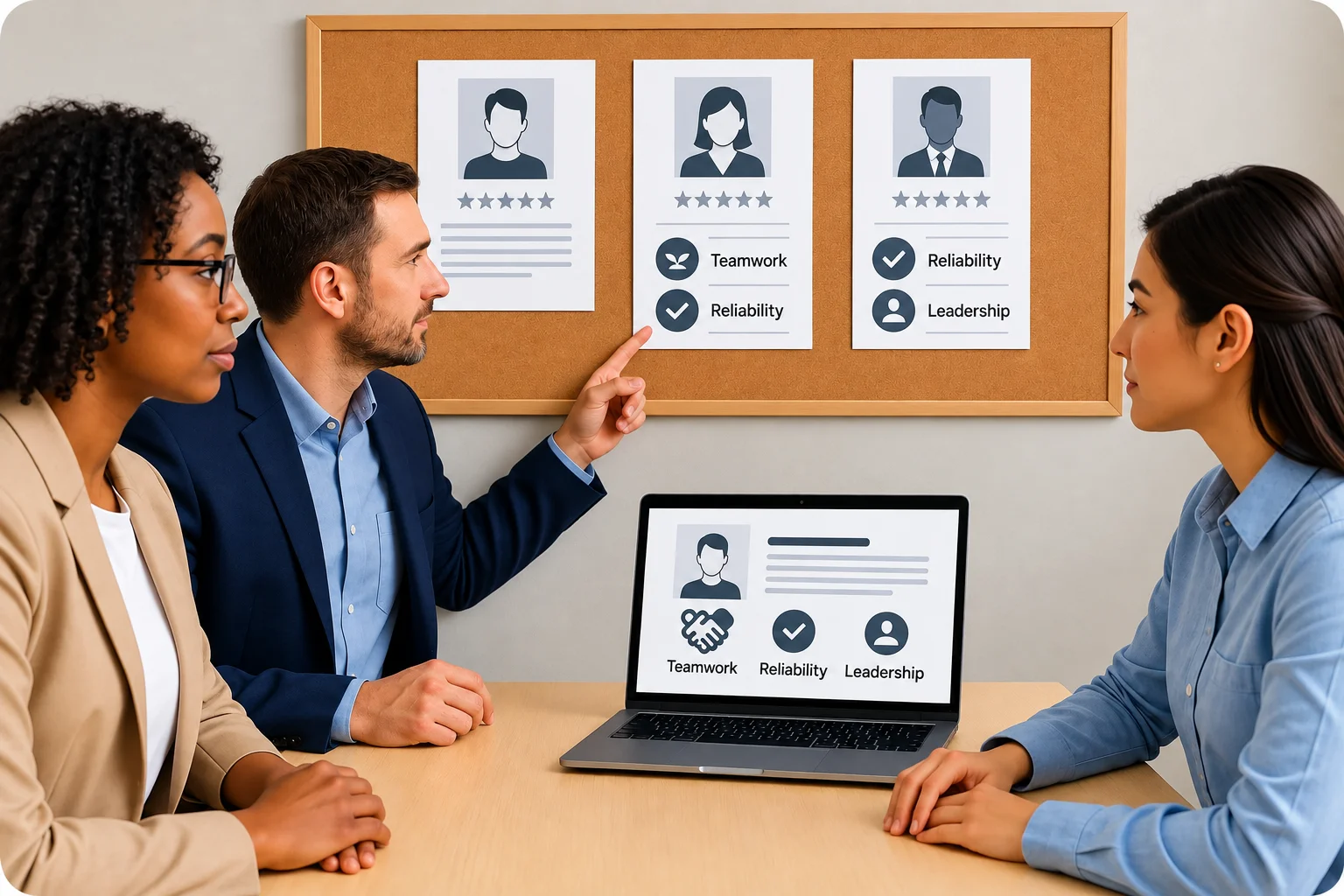 Teamwork In Focus Office Skills Review | EmployTest A small HR team in a meeting room reviewing candidate profiles on a laptop and board, with icons representing teamwork, reliability, and leadership. Warm, professional office setting.