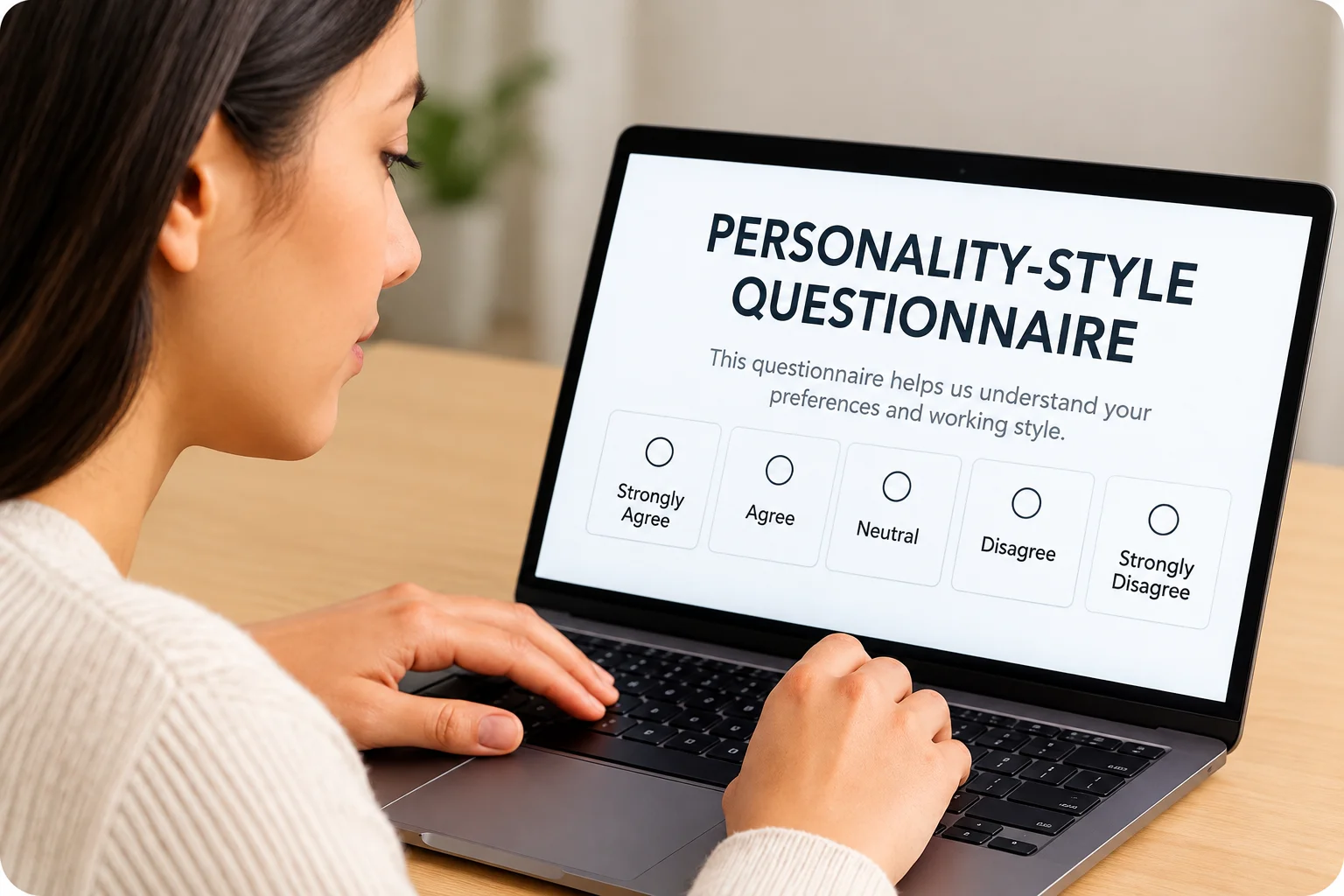 Woman Completing Personality Questionnaire | EmployTest A female candidate completing a personality-style questionnaire on a laptop, reviewing a Likert scale with options from Strongly Agree to Strongly Disagree in a warm, neutral-toned workspace.