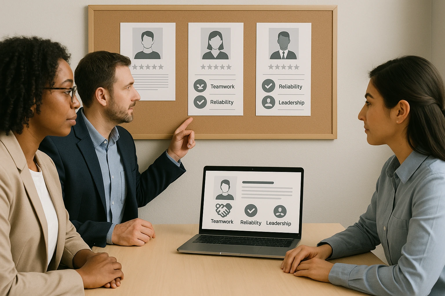 HR Team Discussing Candidate Profiles A small HR team in a meeting room reviewing candidate profiles on a laptop and board, with icons representing teamwork, reliability, and leadership. Warm, professional office setting.