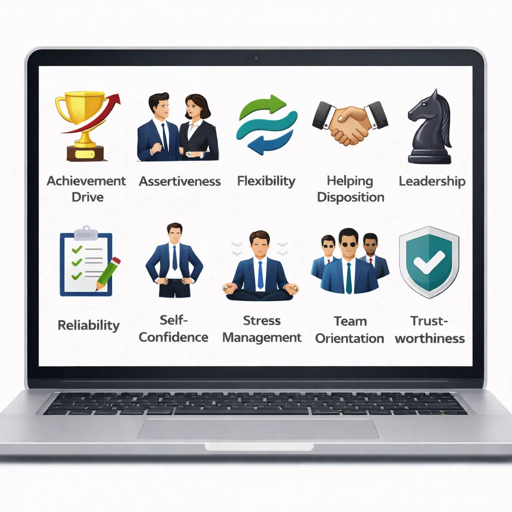 Personality Traits On Display Laptop screen displaying ten professional icons representing workplace personality traits—Achievement Drive, Assertiveness, Flexibility, Helping Disposition, Leadership, Reliability, Self-Confidence, Stress Management, Team Orientation, and Trustworthiness—arranged in a clean grid on the monitor.
