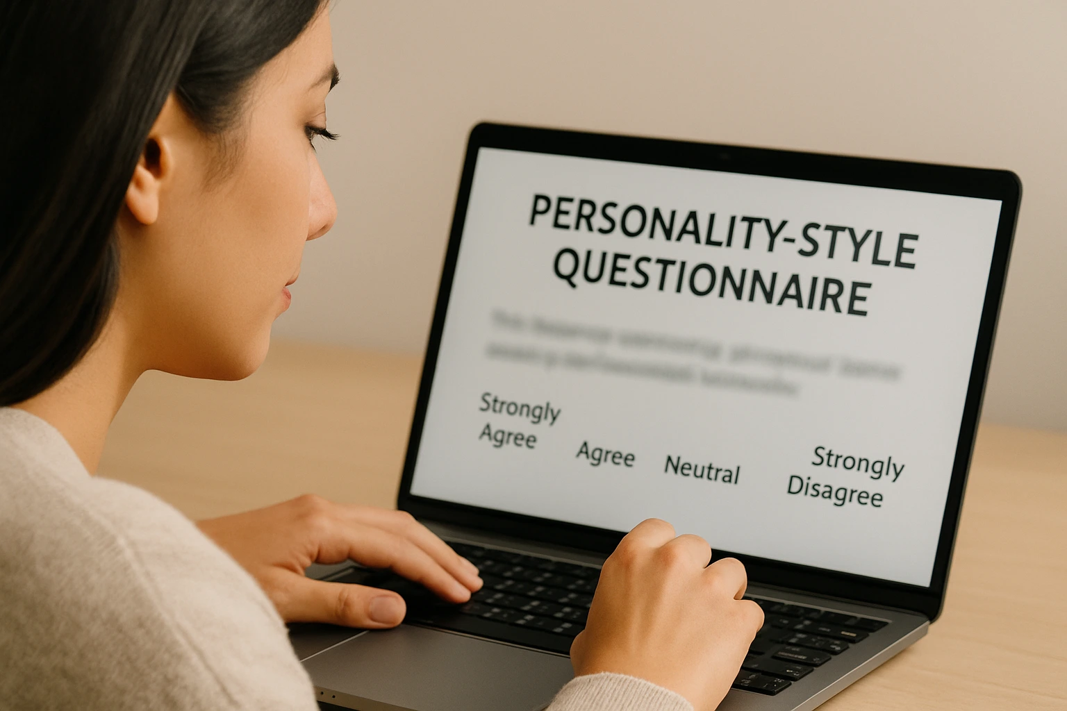 Female Job Applicant Taking A Personality Test A female candidate completing a personality-style questionnaire on a laptop, reviewing a Likert scale with options from Strongly Agree to Strongly Disagree in a warm, neutral-toned workspace.