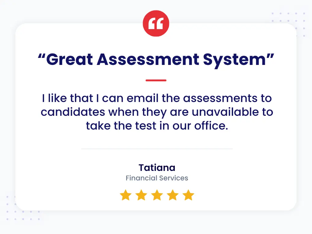 Client Review Recruitment Assessment Tool For Accounting Firms Five-star customer review for an accounting firm recruitment assessment tool highlighting remote test delivery for applicants.