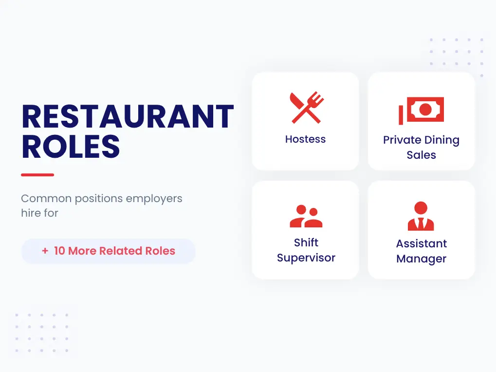 Job Positions Employment Testing Services For Restaurants Common restaurant job titles: Hostess, Private Dining Sales, Shift Supervisor, and Assistant Manager EmployTest