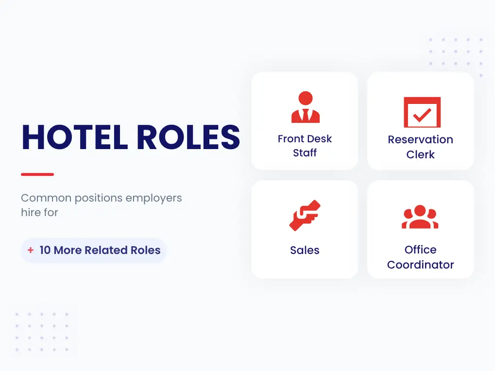Job Positions Pre Employment Assessment Test For Hotels Common hotel job titles: Front Desk Staff, Concierge, Reservation Clerk, and Office Coordinator EmployTest