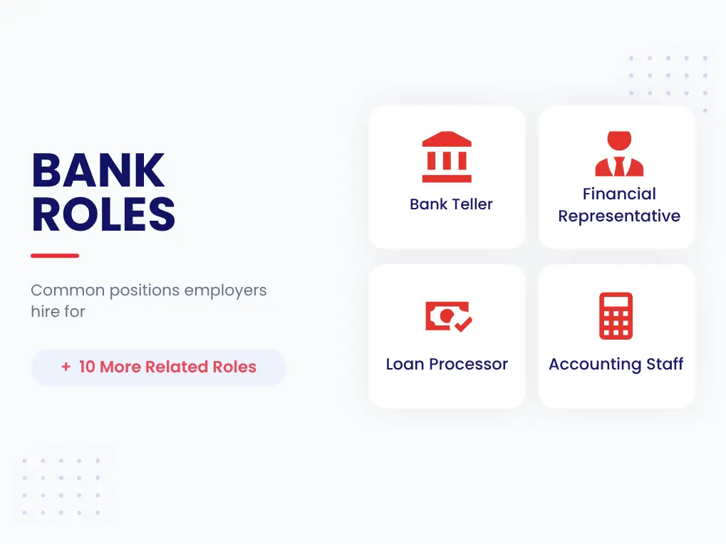 Job Positions Pre Employment Testing Test For Banks Common bank job titles: Bank Teller, Financial Representative, Loan Processor, and Accounting Staff EmployTest