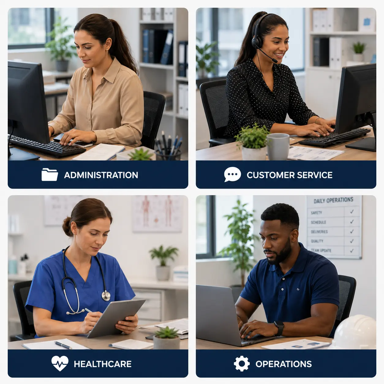 Office Departments In Action | EmployTest Diverse group of professionals in an office setting representing roles that require reading comprehension skills.