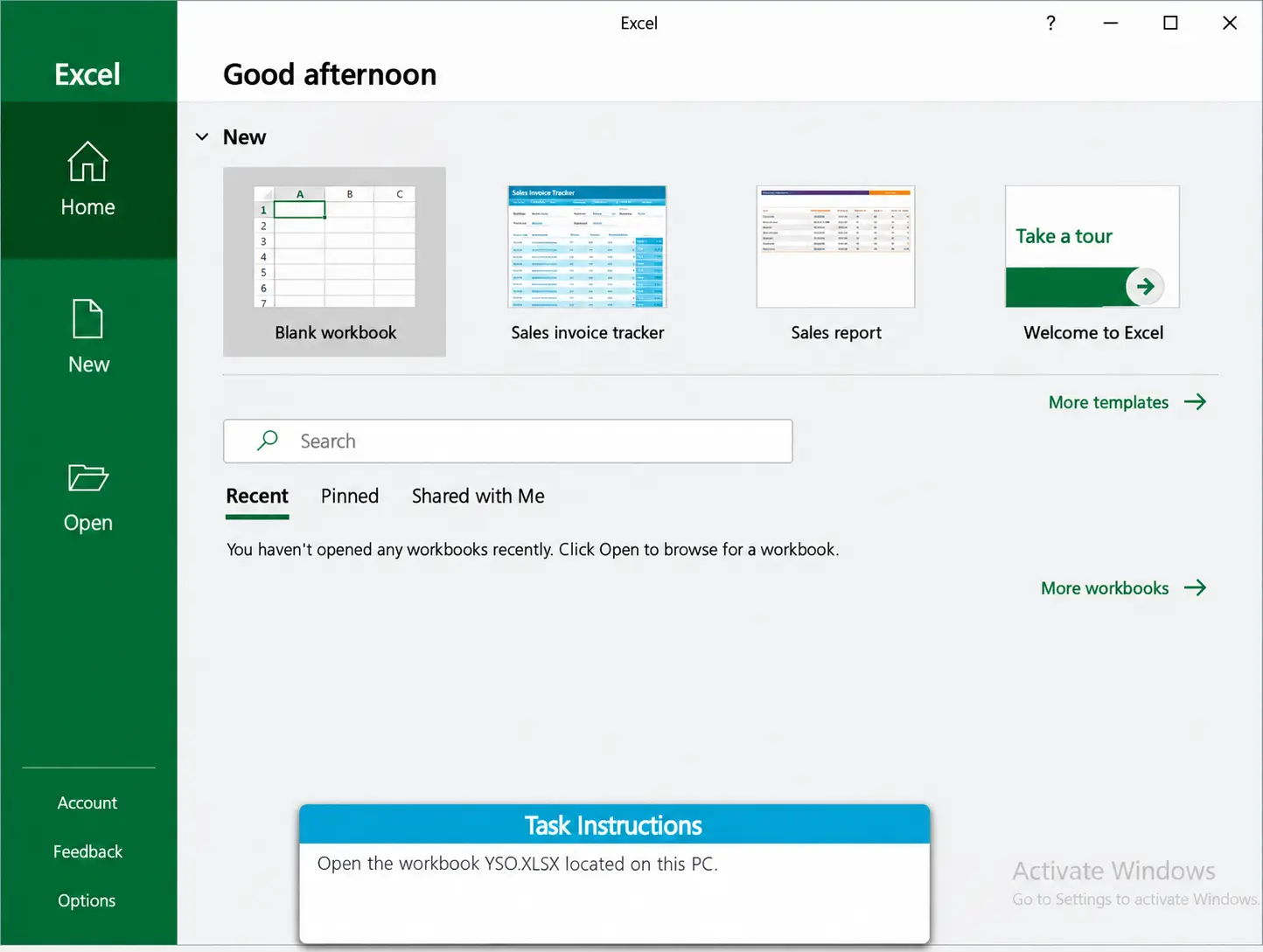 Basic Computer Sample Question 2 | EmployTest Screenshot of a basic computer skills test showing the Microsoft Excel start screen with instructions to open an existing workbook stored on the computer.