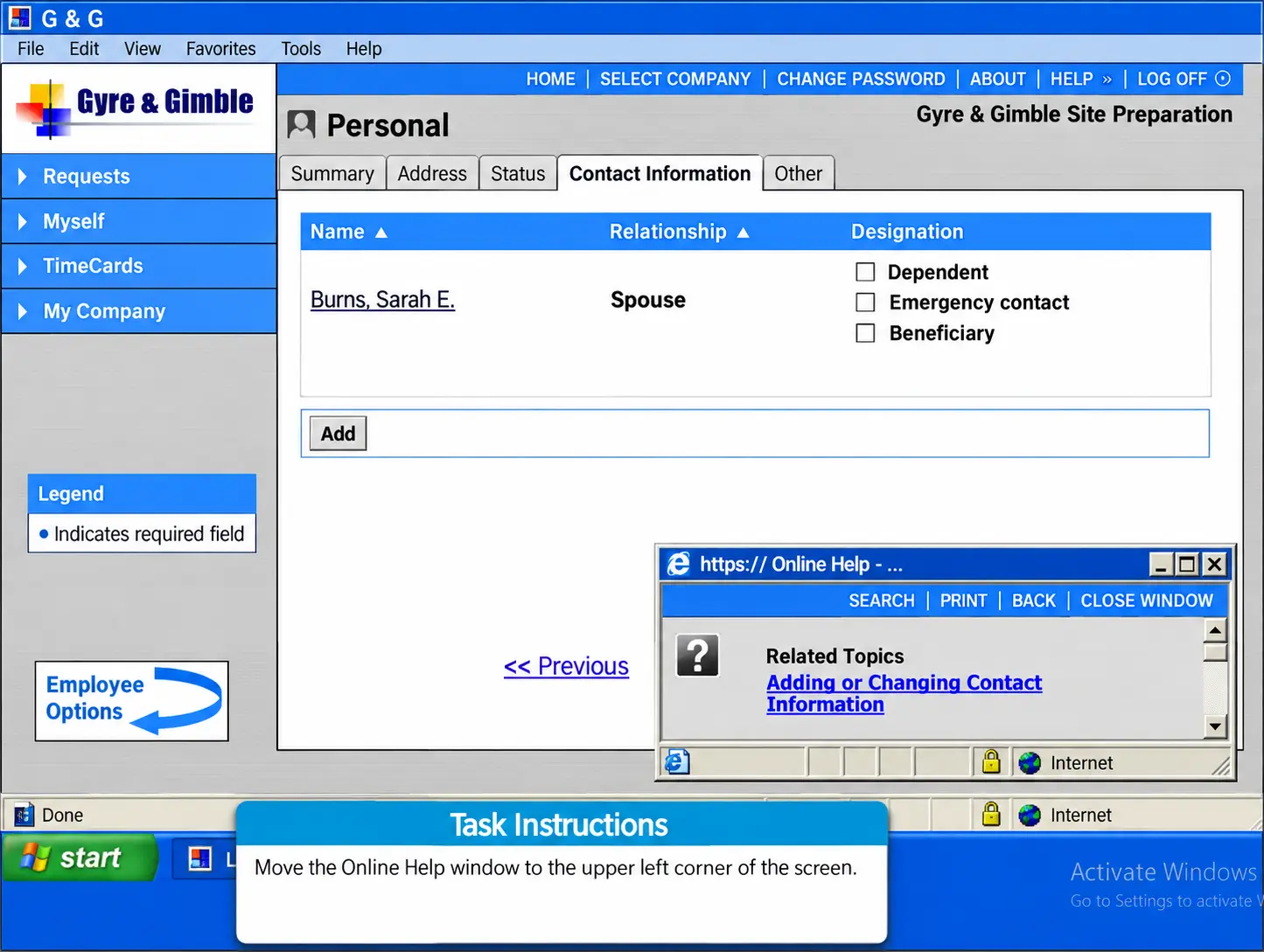Basic Computer Sample Question | EmployTest Screenshot of a basic computer skills test showing an employee contact information page with an Online Help window and instructions to move it to the upper-left corner.