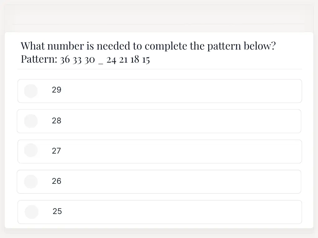 Cognitive Profile Sample Question | EmployTest Cognitive Profile Test sample question featuring a descending number sequence with a missing value that applicants must identify.