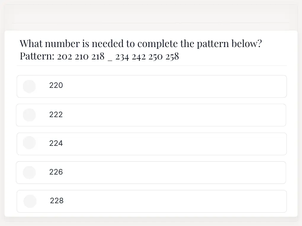 Cognitive Profile Test Sample Question | EmployTest Cognitive Profile Test sample question showing an ascending number sequence with a missing value and multiple-choice answers to assess numerical reasoning skills.