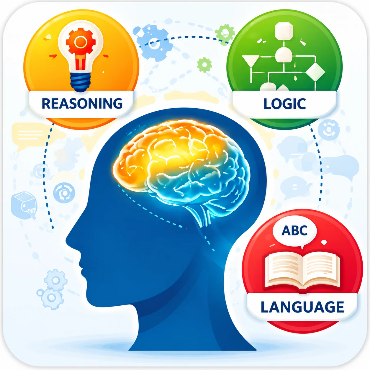 Brainpower Infographic Reasoning Logic And Language | EmployTest Infographic-style illustration of a head silhouette with a highlighted brain and icons representing reasoning, logic, and language skills, symbolizing cognitive ability testing for employment.