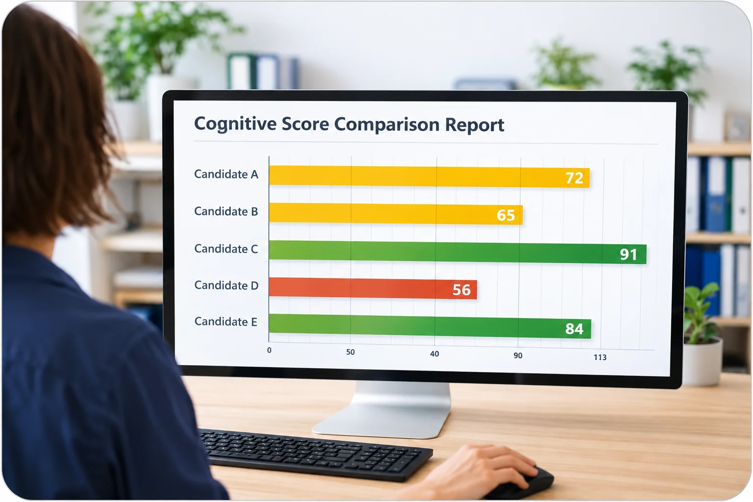 Cognitive Score Comparison Workspace | EmployTest HR professional reviewing multiple candidate profiles and comparison scores on a computer screen during pre-employment screening.