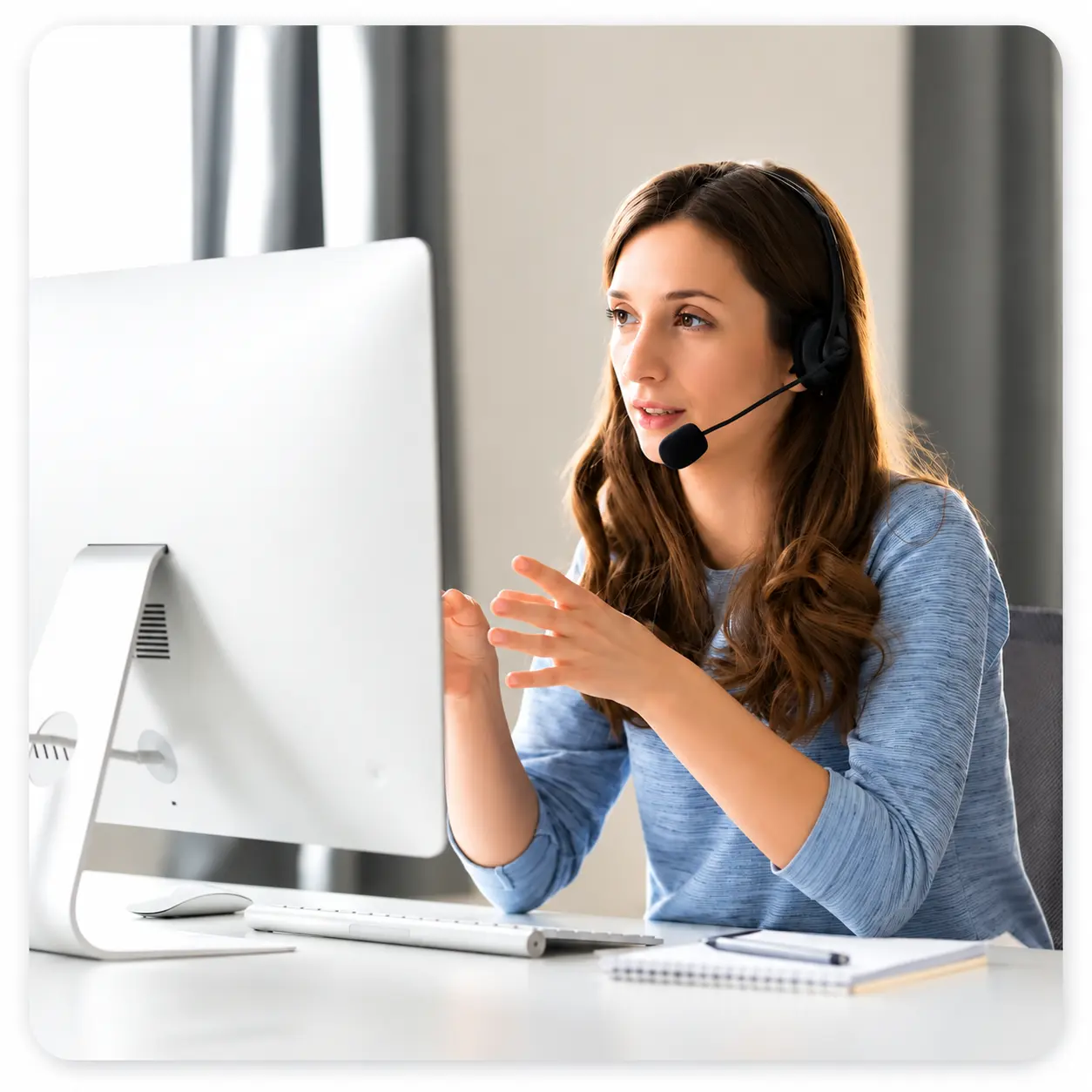 Call Center Agent | EmployTest Customer service representative wearing a headset while assisting a customer from a computer workstation.