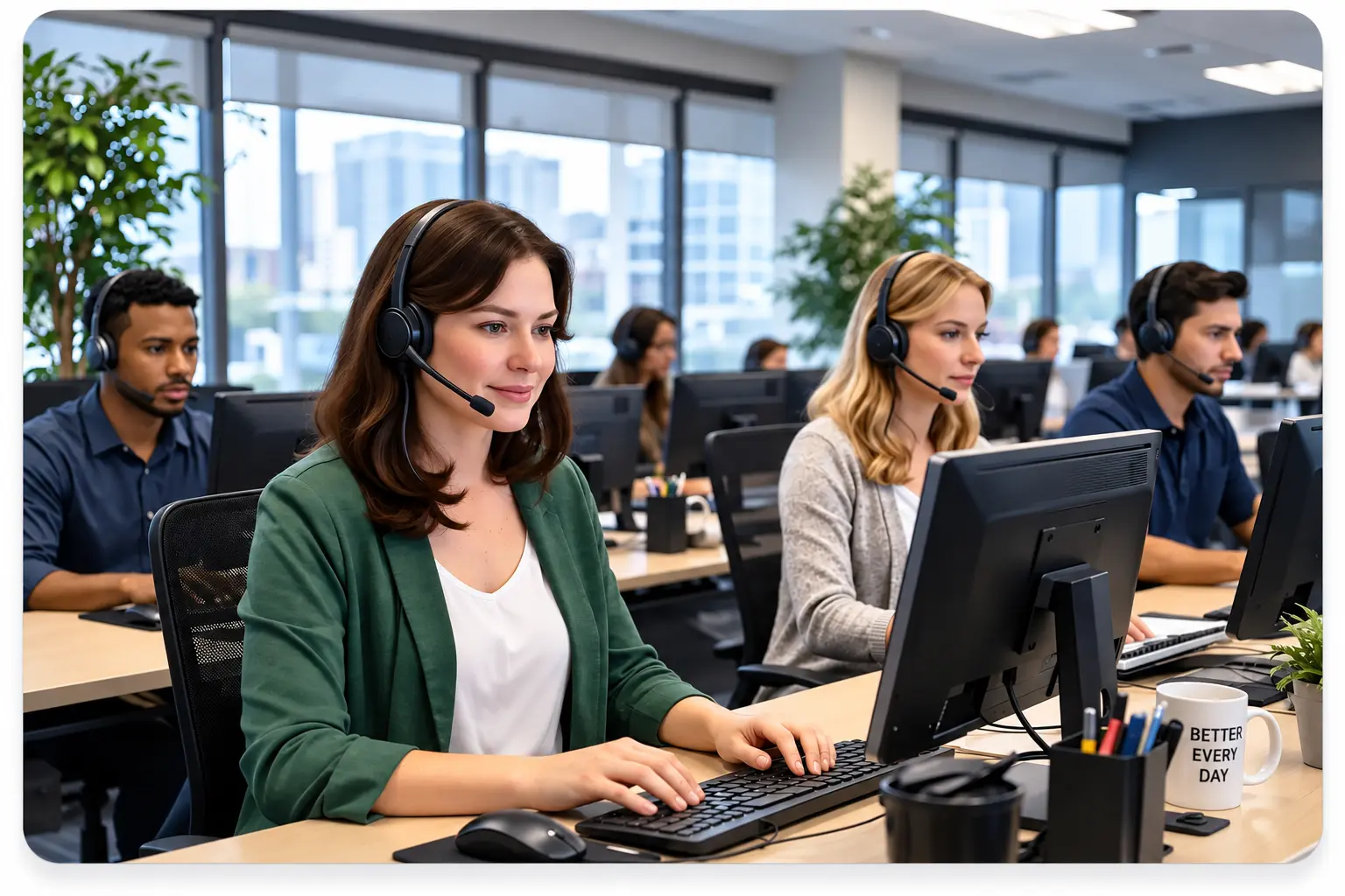 Call Center Agents In Office Setup | EmployTest Group of call center representatives at workstations wearing headsets in a modern office