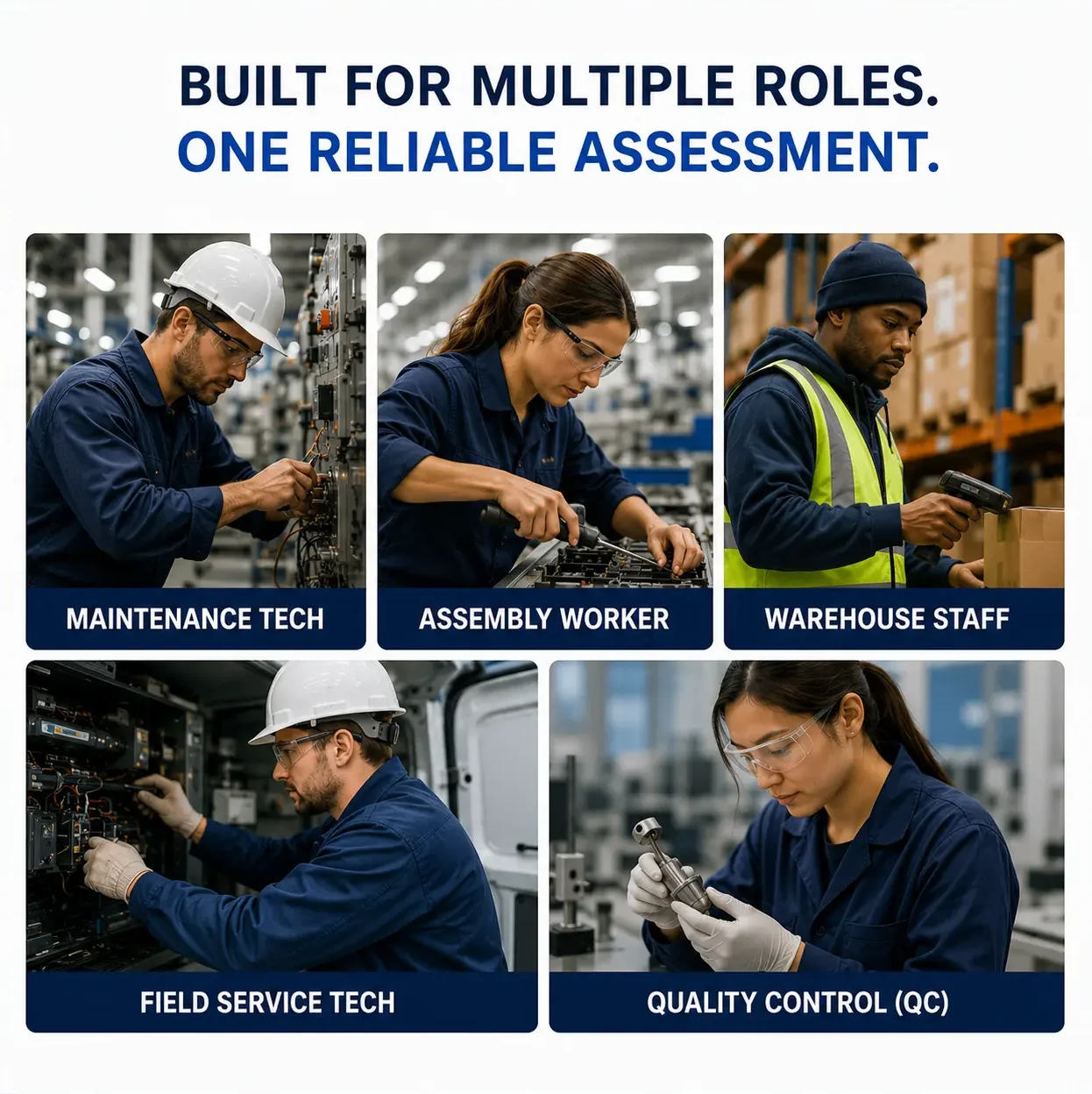 Built For Multiple Roles One Assessment Role icons showing maintenance technicians, assembly workers, warehouse staff, field service technicians, and quality control roles that benefit from a mechanical aptitude test for employment