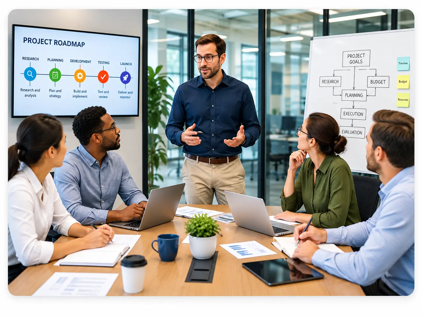 Business Meeting In A Conference Room | EmployTest Office manager leading a team meeting, roles that benefit from the EmployTest Office Manager assessment.