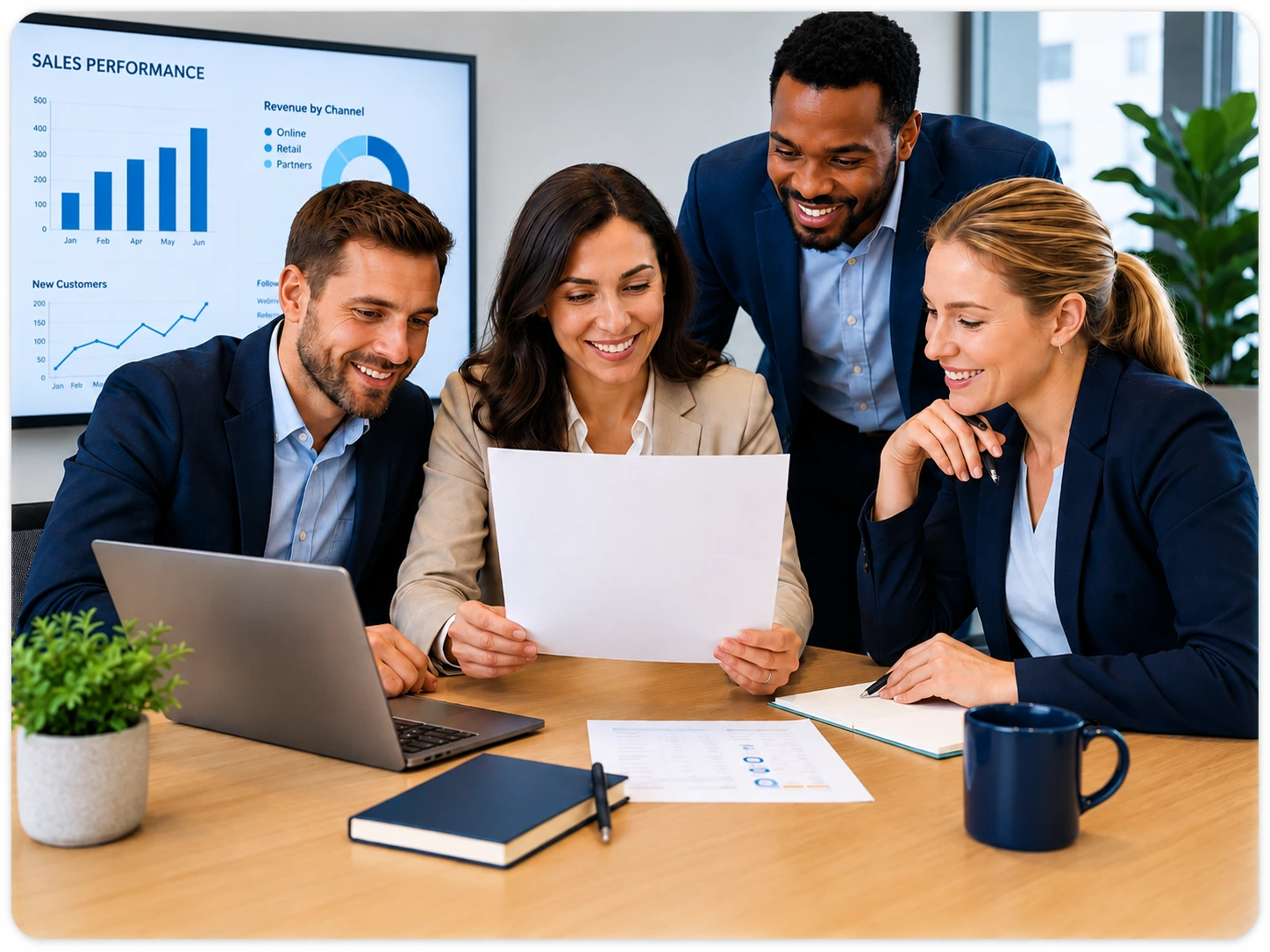 Collaborative Meeting Around Sales Reportpng | EmployTest Sales team members reviewing candidate assessment results together