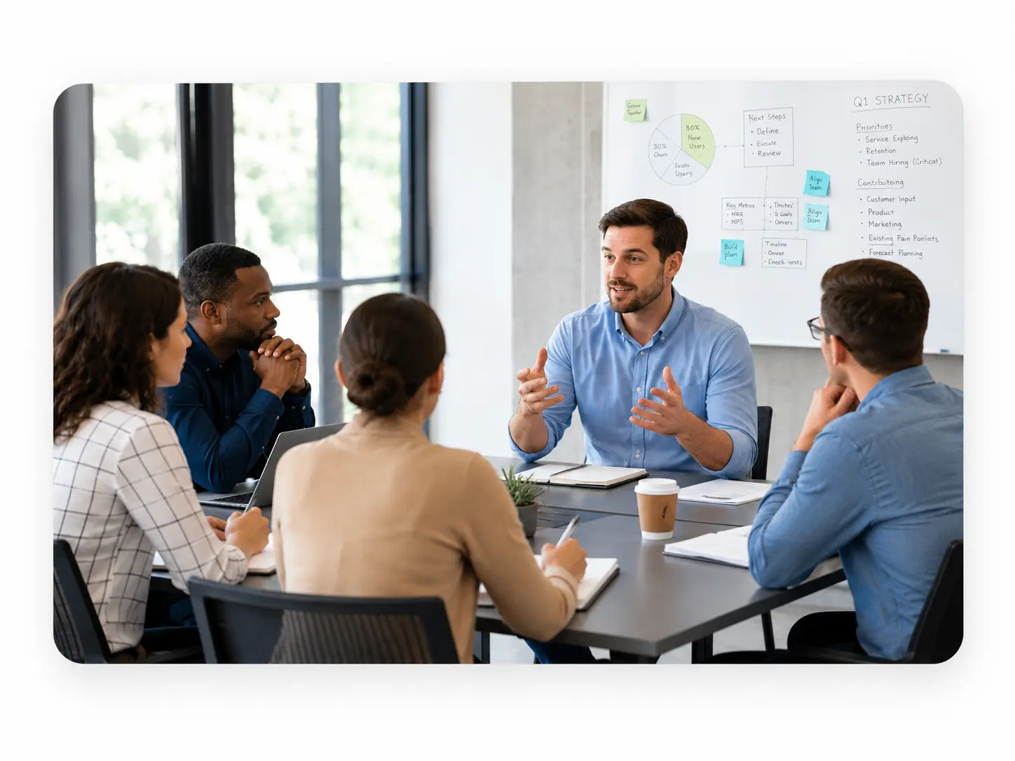 Collaborative Q1 Strategy Meeting | EmployTest New supervisor leading a team meeting after being hired using a supervisory skills assessment test