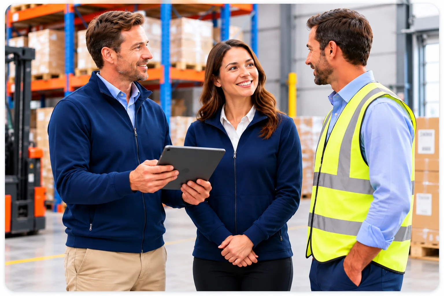 Collaborative Warehouse Team Meeting | EmployTest Outside sales rep meeting a B2B customer on site during a sales call