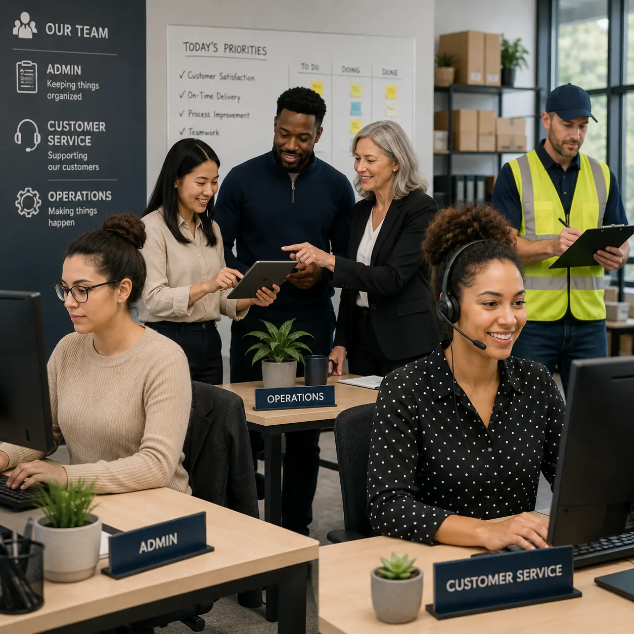 Collaborative Team In Modern Office Workspace Hiring managers reviewing candidates for admin, customer service, and operations roles using the General Skills Assessment.