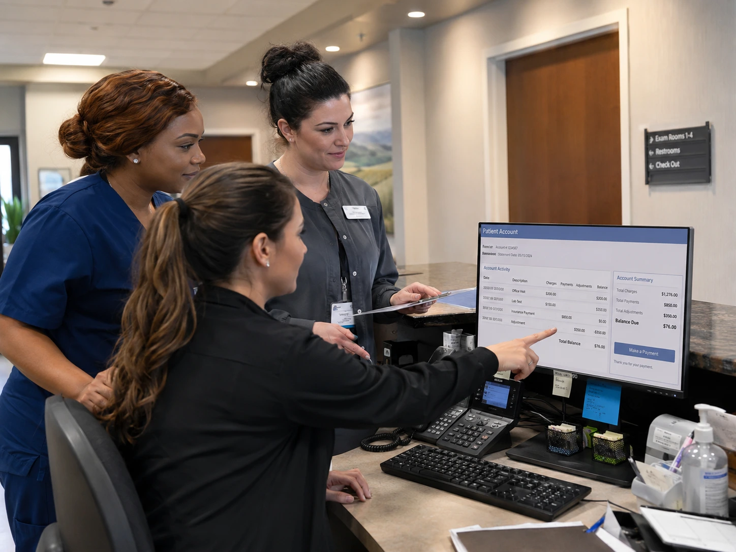 Collaborative Work At The Reception Desk Healthcare administrative staff reviewing patient billing records