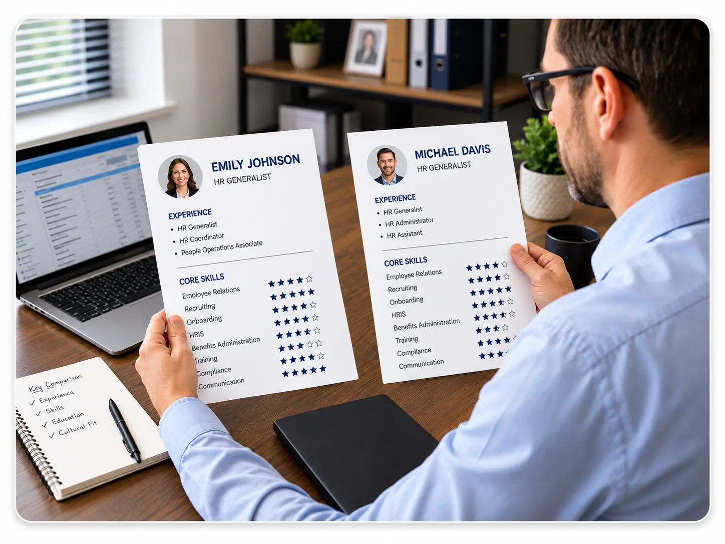 Comparing Resumes In A Modern Office | EmployTest Hiring manager comparing HR generalist resumes before using a pre-employment test for HR positions