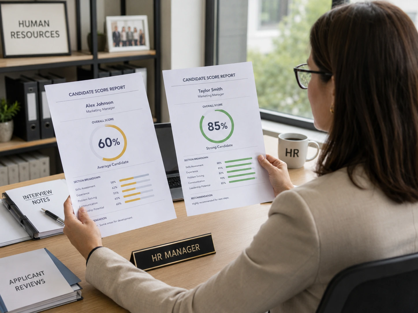 Comparing Candidate Score Reports In HR Office HR manager comparing medical billing candidate score reports
