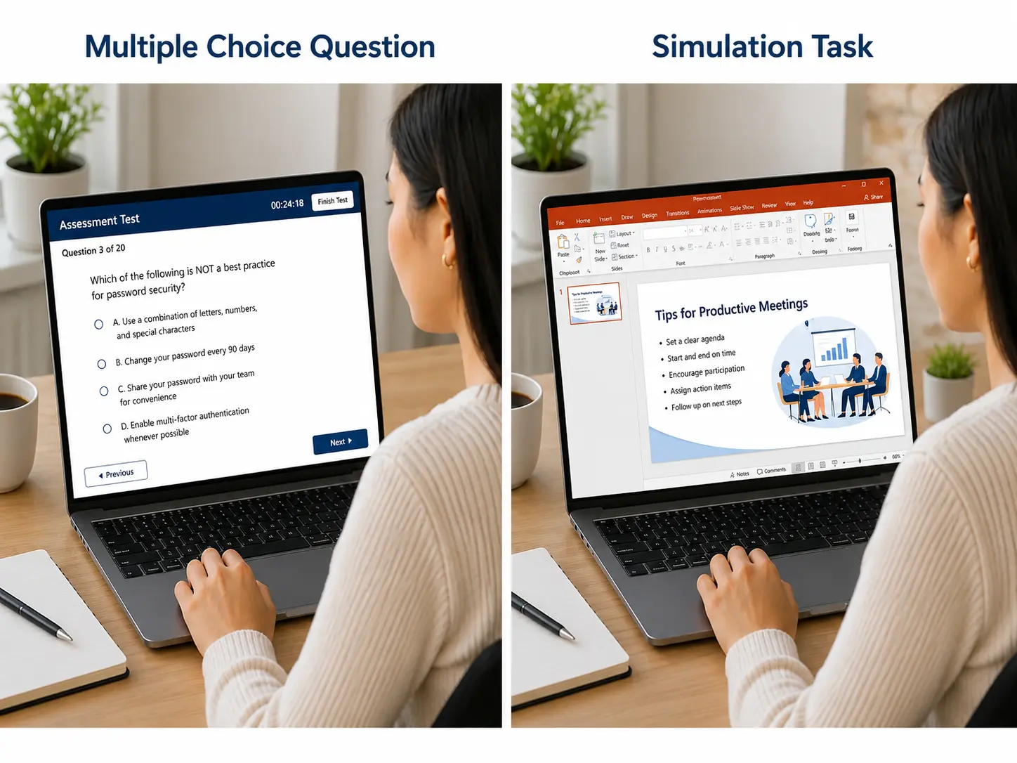 Comparing Online Test And Presentation Tasks PowerPoint skills assessment using simulation tasks rather than multiple-choice questions for accurate pre-hire results.