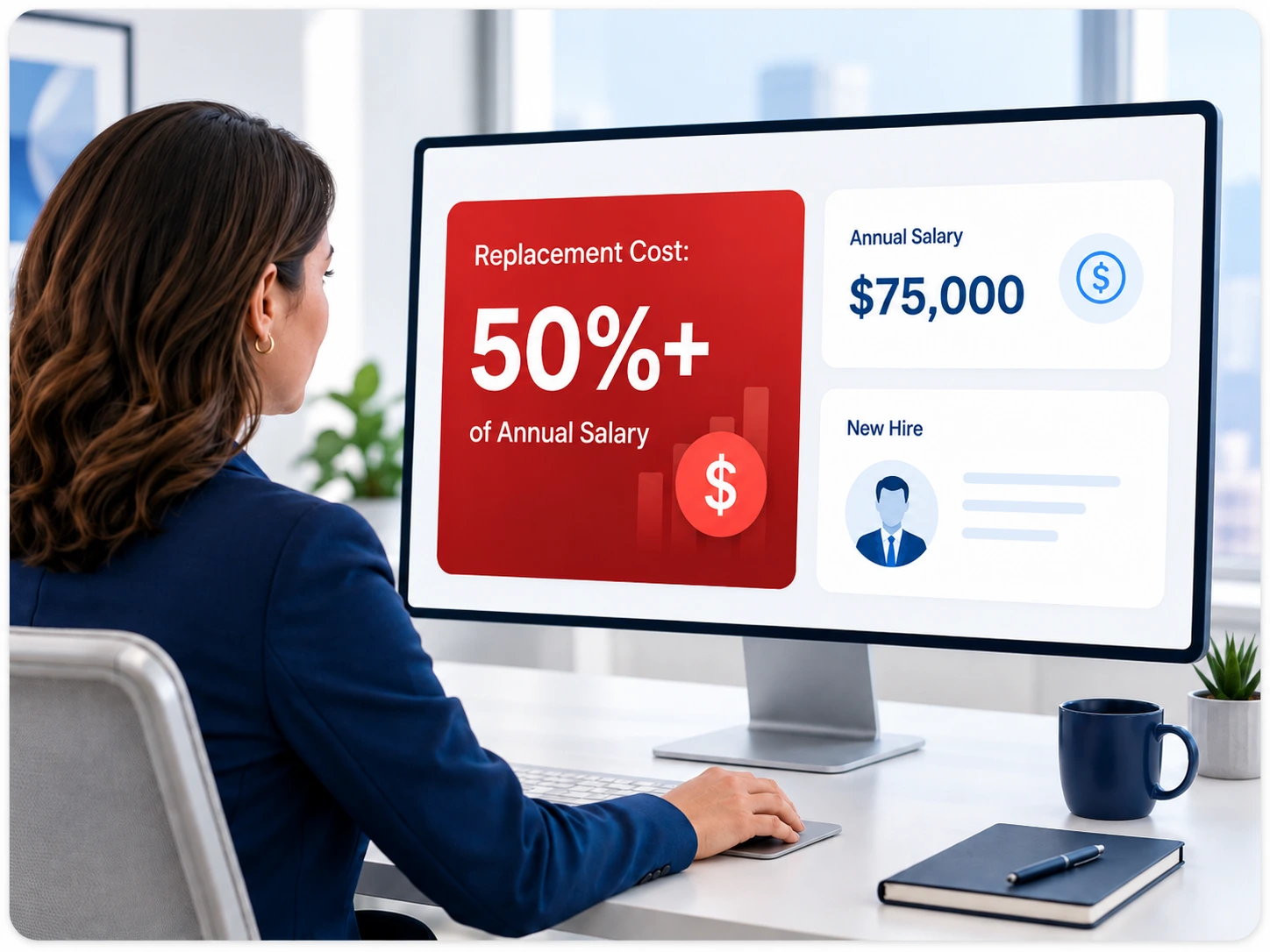 Corporate Hiring Cost Dashboard | EmployTest Hiring manager reviewing a dashboard showing that replacing an unsuccessful sales hire can cost more than half of their annual salary.