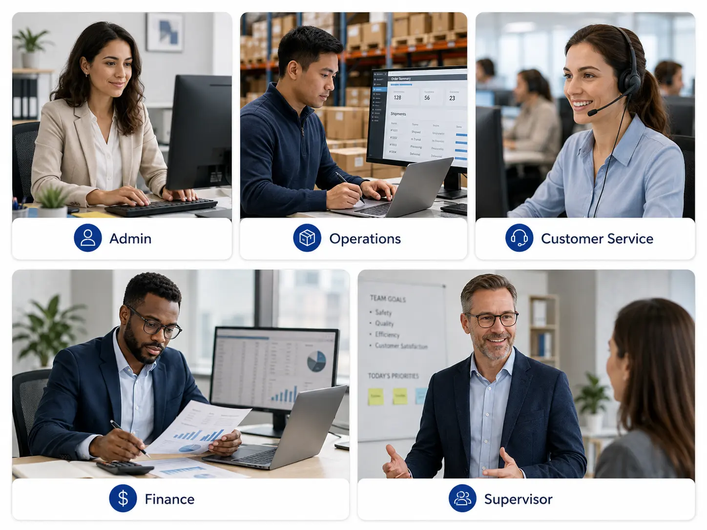 Corporate Team Department Showcase | EmployTest Job positions that benefit from workplace reasoning testing: admin, operations, customer service, finance, and supervisors