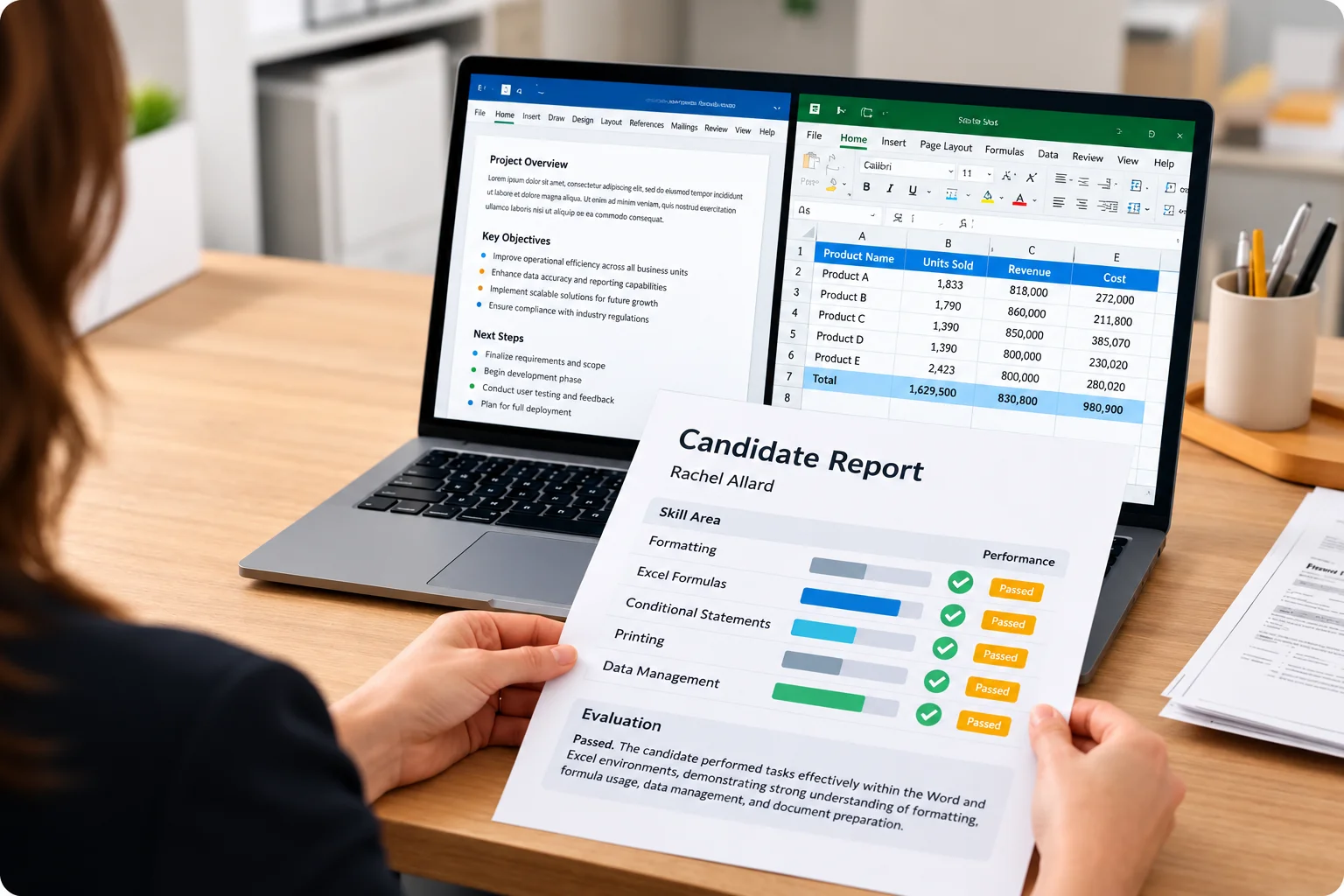 Candidate Report At Office Desk 1 | EmployTest Hiring manager reviewing Word and Excel test results with Microsoft Office documents open on laptop, showing candidate performance report.