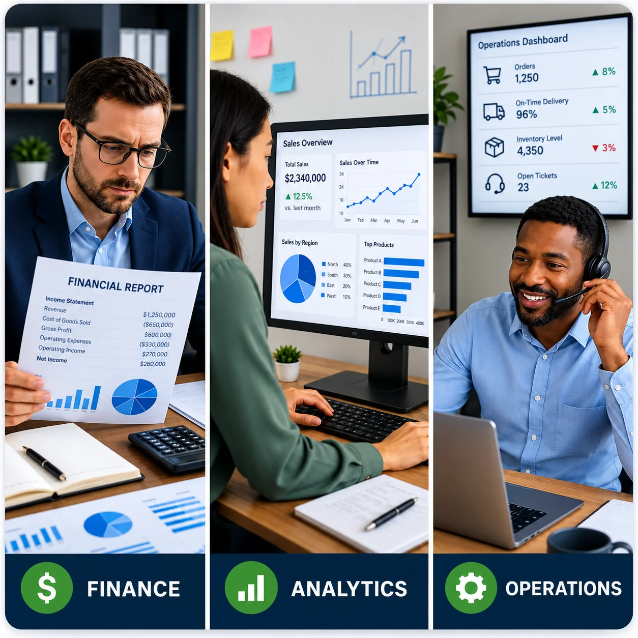 Corporate Finance Analytics And Operations Triptych | EmployTest Hiring managers using an Excel test for finance and accounting roles, operations, and data analysis positions.