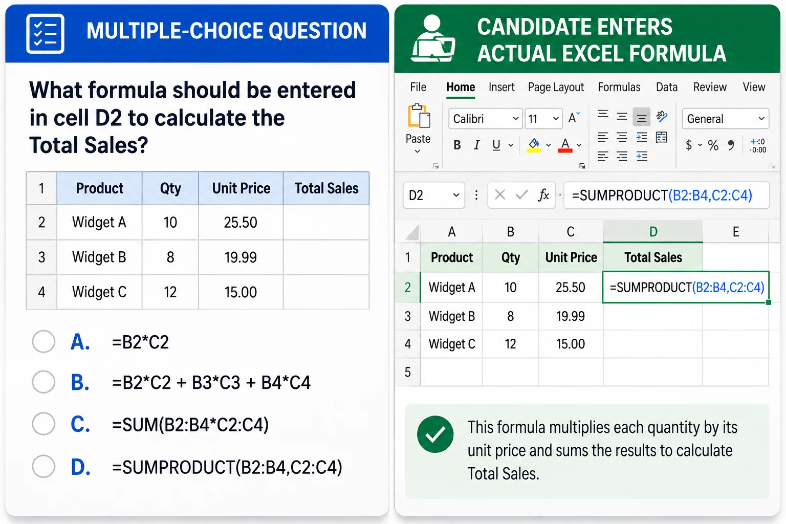 Excel Formula Quiz And Tutorial | EmployTest Excel skills test score report showing a candidate entering an actual SUMPRODUCT formula to calculate total sales, compared with a multiple-choice test question.
