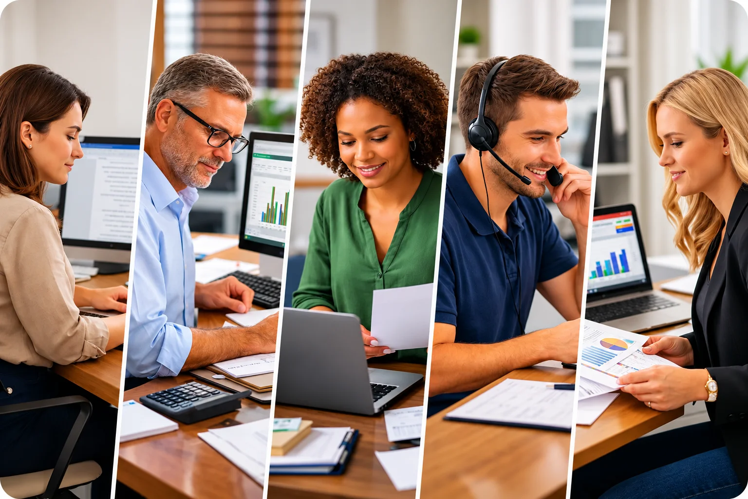 Five Person Office Analytics Collaboration | EmployTest Administrative assistant, accountant, and HR coordinator using Microsoft Word and Excel in office setting.