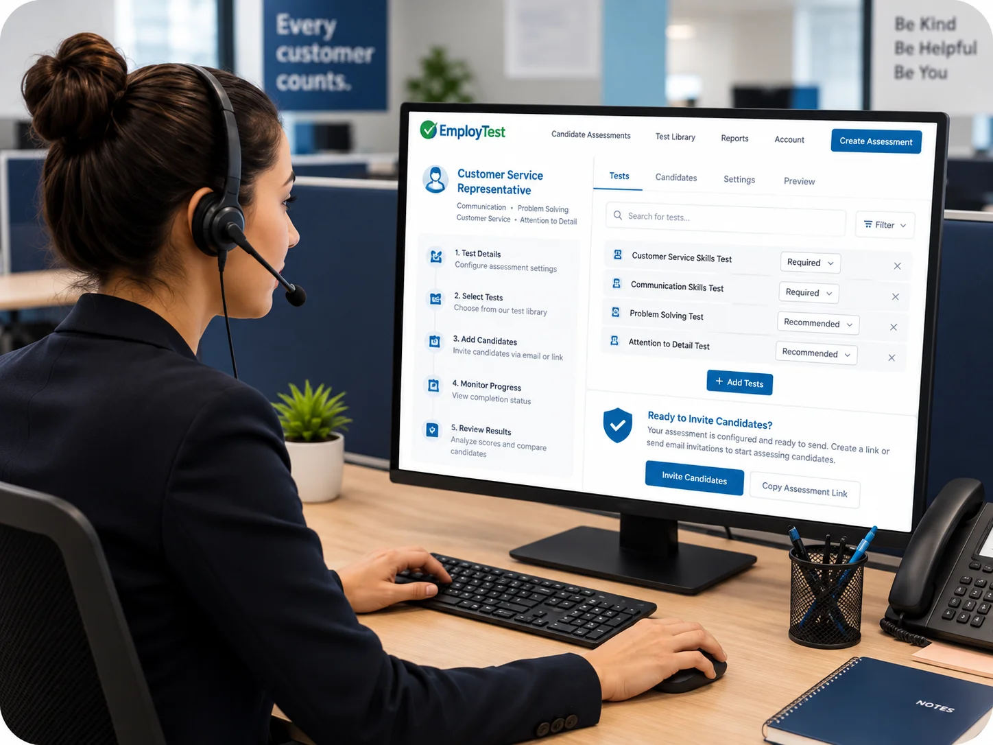 Focused Customer Support Assessment Workspace | EmployTest Call center simulation test screen showing a live customer scenario question