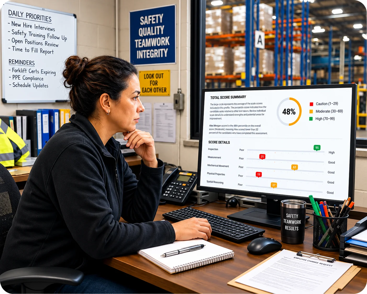 Focused Warehouse Safety Assessment | EmployTest HR manager reviewing warehouse pre-employment test results to compare candidates for open distribution center roles.