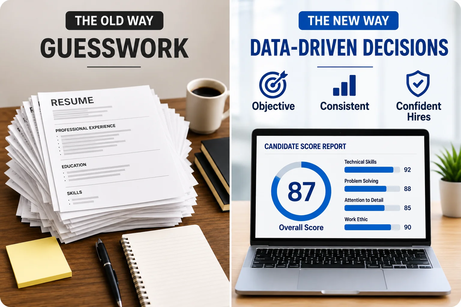 From Guesswork To Data Driven Decisions | EmployTest A split image comparing paper resumes to AI skills assessment score report for hiring