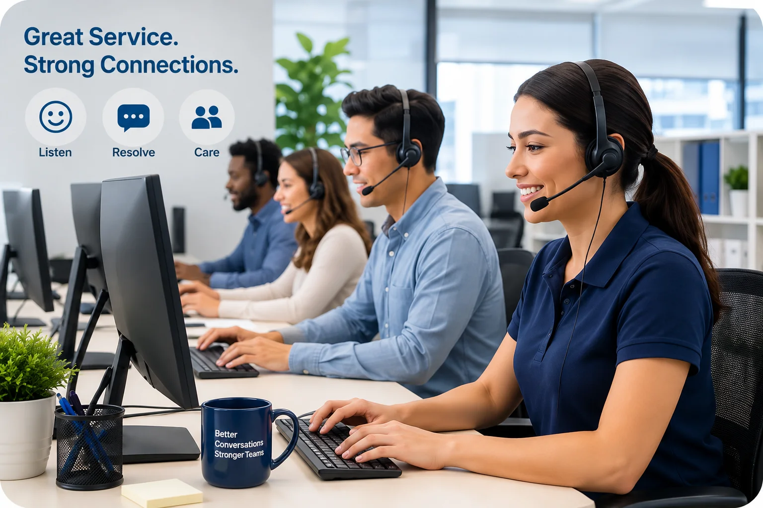 Great Service Strong Connections | EmployTest Customer service agents wearing headsets at a contact center