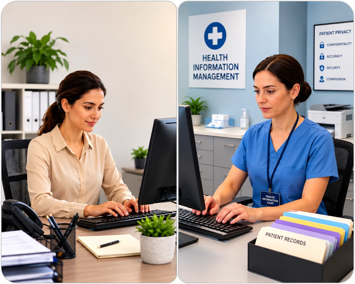 Edited Healthcare Information Management Split Scene | EmployTest Split-screen image showing two professional women working at desktop computers, with an office administrator on the left and a health information staff member in a medical records office on the right.