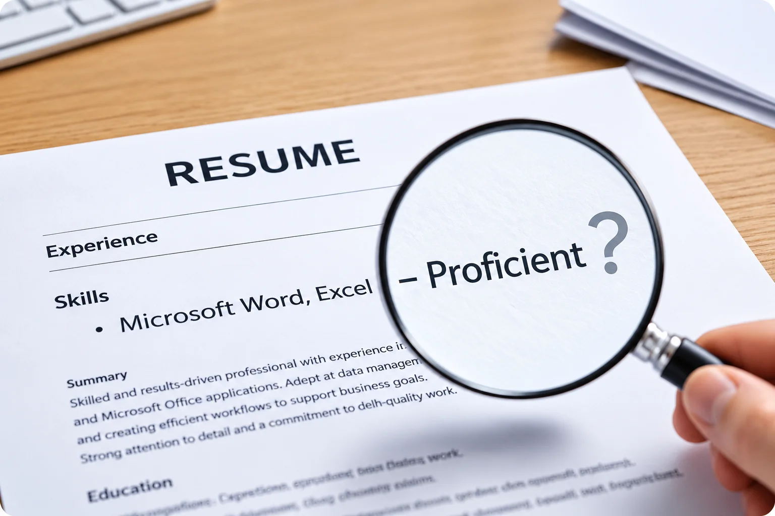 Magnifying Glass Reviewing A Resume | EmployTest Resume listing proficient in Microsoft Excel and Word under skills section.