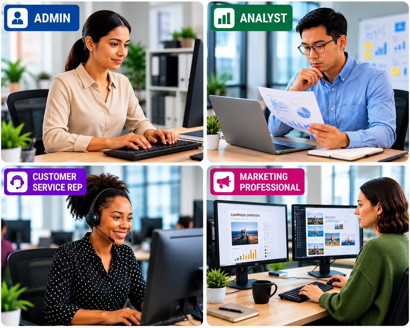 Modern Office Roles Infographic | EmployTest Administrative assistant and operations analyst using AI productivity tools in the workplace